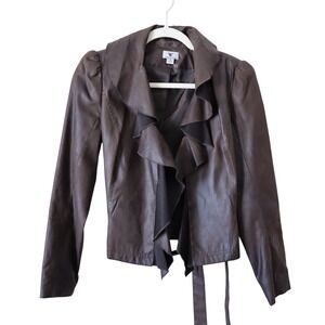 Worthington Women Brown Faux Leather‎ Jacket Ruffle Front Tie Waist Size S Y2K
